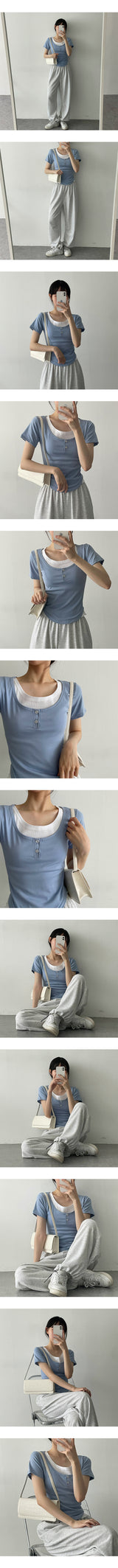 レミススパンデックスラウンドボタンスリーブTシャツ / Remiss Spandex Round Button Short-Sleeved T-Shirt