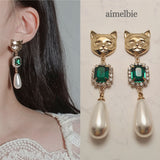 メルビーザキャットシリーズ - エメラルドスクエアアンドパールピアス / Melbie The Cat Series - Emerald Square and Pearls Piercing