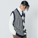 チェックニットベスト / Argyle & hound check knit vest navy