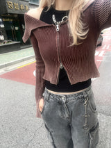 グランジウォッシングオフショルダークロップ2wayジップアップ
