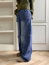 Villadi Unique Zipper Pocket Long Wide Denim Pants