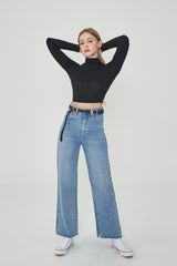 ワイドフィットベルトセットスリットデニムパンツ / SONG JI HYO, VIVIZ EUNHA, SISTAR HYRIN, EVERGLOW AISHA, NATURE LU, STAYC ISA, FROMIS_9 SAEROM WORNSEMI WIDE FIT BELT SET SLIT DENIM PANTS [6607]