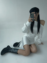 Silky shirring uncut shirt dress