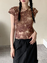 ピコットタイダイプリントリボンストリング半袖Tシャツ / Picot Tie Die Printed Ribbon String Short-Sleeved T-Shirt