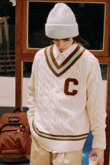 ブラウンCワッペン ミントラインVネックニット・アイボリー［ユニセックス］/ Brown C Patch Mint Line Ivory Unisex V-Neck 