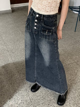 マーブルボタンポケットAラインロングデニムスカート/Muffled button pocket A-line long denim skirt