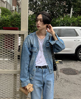 カラーレスデニムジャケット/Collarless denim jacket