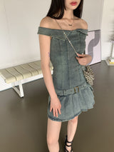 Raphim Off Shoulder Low Belt Pleated Mini One Piece