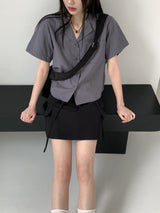 バオポケットVネックオープンカラークロップド半袖シャツ / Bao pocket V-neck open collar cropped short-sleeved shirt