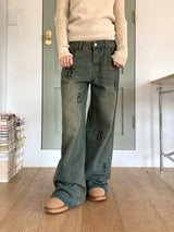 ペールヒップレタリングウォッシュドワイドデニムパンツ