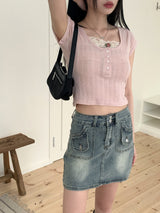 ティートンレトロポケットミニデニムスカート/Teaton Retro Pocket Mini Denim Skirt