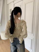 シフォンフラワーリボンストリング長袖ブラウス / Pyuti Chiffon Flower Ribbon String Long-Sleeved Blouse