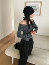 Willin ストライプ ボタン スリット オフショルダー T シャツ
