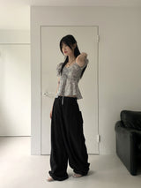 Bupin summer fabric back-banding balloon Vintage washing long wide denim pants