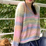 Kerner V-neck rainbow gradation punching long-sleeve knitwear