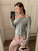 レースオフショルダー長袖Tシャツ