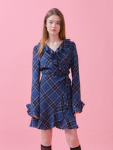 RUFFLE POINT CHECK WRAP ONEPIECE_NAVY (6612504969334)