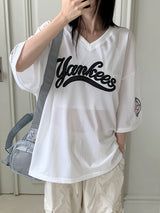 Anki boxy mesh lettering wappen uniform V-neck short-sleeved T-shirt