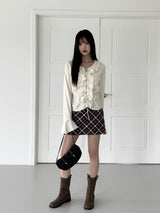 ブルダスプリングラッフルアイレットストラップ長袖ブラウス/Vulda Spring Ruffle Eyelet Strap Long Sleeve Blouse