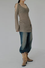 リボンオープンショルダーニット / Ribbon Open Shoulder Knit (4color)