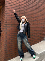 two-way crop leather jacket [2color]