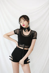 レイヤードメッシュショートスリーブクロップ / TOP(6631) Layered Mesh Short Sleeve Crop