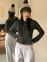 【裏起毛】ストライプニット フード付き ジップアップ