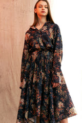 "PRE-ORDER 4/16~" VINTAGE FLOWER UNBALANCE FLARE SKIRT (Navy) (6546128273526)