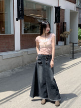 リワンピンクシースルーレースリボンスクエア半袖Tシャツ / Liwan Pink See-through Lace Ribbon Square Short Sleeve T-shirt