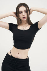 クロップドロゴTシャツ / [Seow] Croped logo T-shirts, black