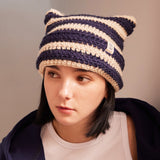 Square Label Stripe Crochet Beanie / Navy