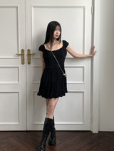 ウィロンシフォンキャップスリーブボタンプリーツフレアミニワンピース / Willon Chiffon Cap Sleeve Button Pleated Flare Mini One Piece