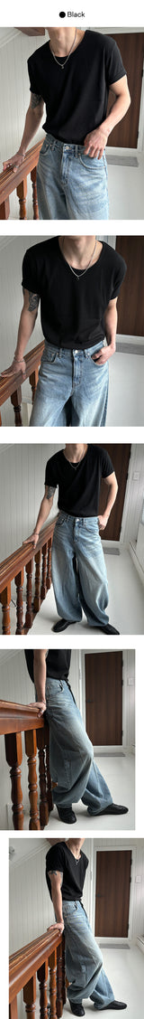 [MUSCLE FIT] Golgi u neck half t-shirts(4color)