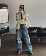 (UNISEX) ナイン 配色 レーシング レザージャケット