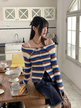 Liche Y2K Stripe Collar Two-Way Knitwear Off-Shoulder Zip-Up Cardigan