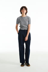 スモールチェリーケーブルクロップ丈のショットスリーブニット／SMALL CHERRY CABLE CROP SHORT SLEEVE KNIT [MELANGE GRAY]