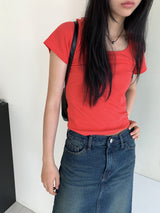 Dear Basic Ribbed Square Neck Short Sleeve T-shirt