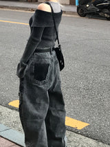 グランジウォッシングオフショルダークロップ2wayジップアップ