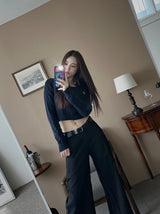 Belted semi bootcut slacks
