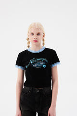 チェリーホットフィックスレースクロップTシャツ / CHERRY HOTFIX LACE CROP T-SHIRT [BLACK]