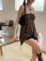 Roffin brown halter beaded shirring unbalanced tube top