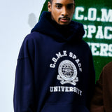 [UNISEX] Faux Shearling-Trimmed Cotton-Jersey Hoodie (Navy) (6656664797302)