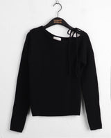 Listy off-shoulder ribbon strap ribbed crop long-sleeved knit