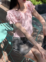 Blang shirring button puff crop short-sleeved blouse