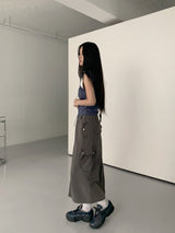 コットンポケットカーゴストリングバックオープンバンディングロングスカート /Mark cotton pocket cargo string back open banding long skirt