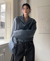 （UNISEX）グリッツボタンクロップレザーブルゾン