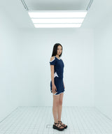 ポリエスターオフショルダークロップトップ / Polyester Off-Shoulder Crop Top (Navy)