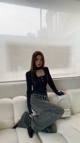 Square holy neck slim fit top