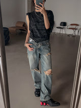 (UNISEX) ダメージチェッカーワイド デニム