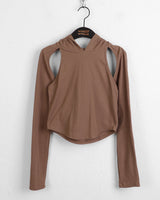 Pixie Shoulder Slit Cropped Long-Sleeved Hoodie T-Shirt